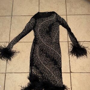 Fashion Nova Black and Silver Feathered Long Sleeve Dress
